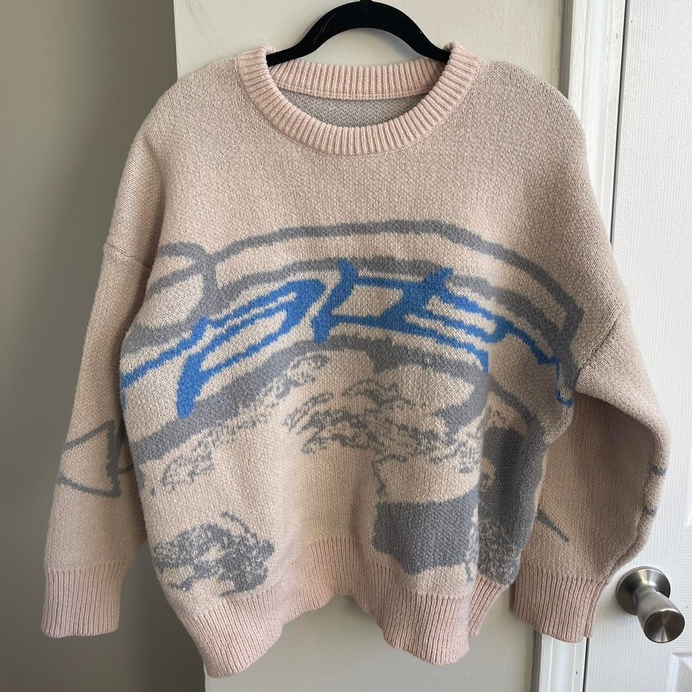 Oversized Graphic Knit Sweater Beige Blue Abstract Jacquard Crewneck 1XL